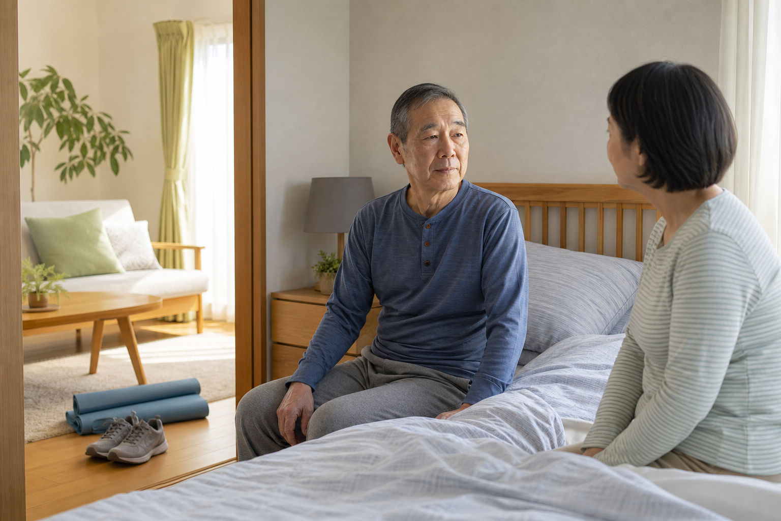 パーキンソン病のある方が朝の体調と日中活動について家族と確認する場面
