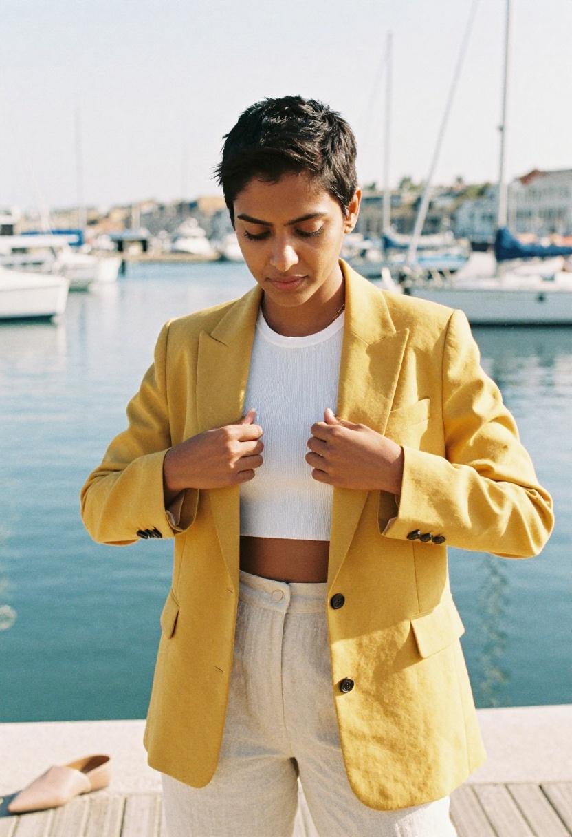 Saffron blazer as bold anchor piece for summer travel wardrobe