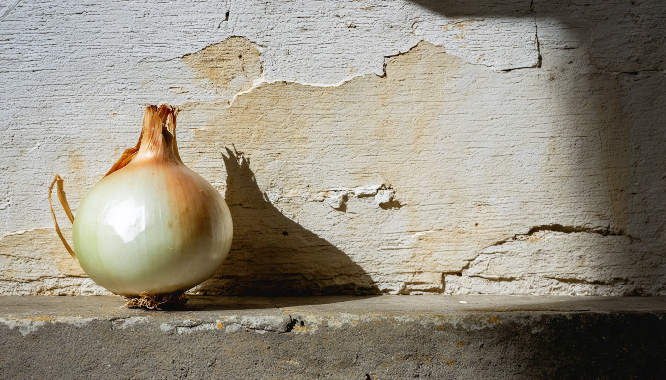 A single raw onion resting on a rough stone ledge in warm afternoon light, deep shadow behind it, no people present.