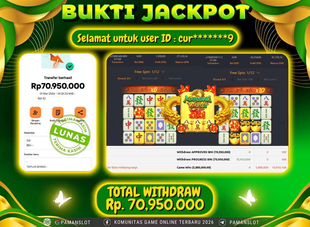 PAMANSLOT JACKPOT Game PG - Mahjong Ways  Rp.70,950,000- LUNAS