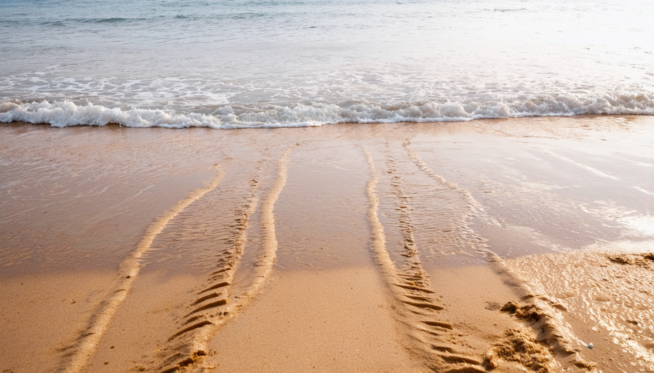 Parallel wheel tracks carved into wet beach sand with tide water beginning to fill them.