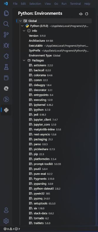 Screenshot mostrando a extensão Python Environment Manager