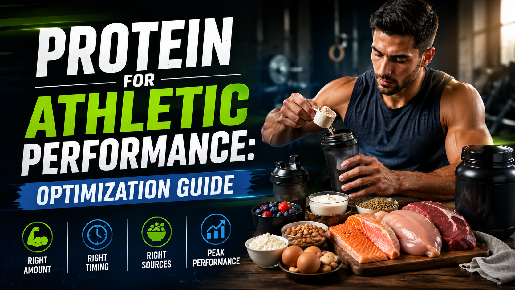 Protein for athletic performance guide: high protein foods and shaker bottle for muscle recovery