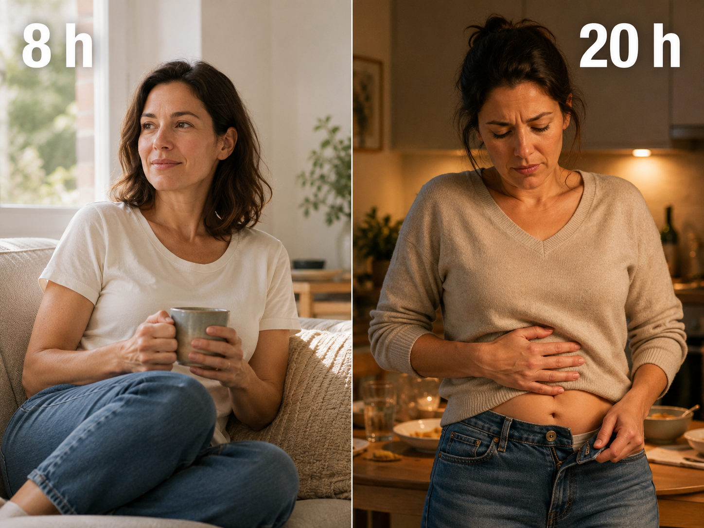 La même femme à 8 h, détendue avec son café, puis à 20 h, gênée par son ventre gonflé