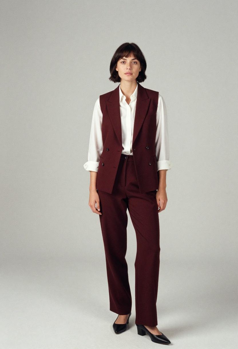 Rich burgundy vest over a classic white shirt for understated professional polish
