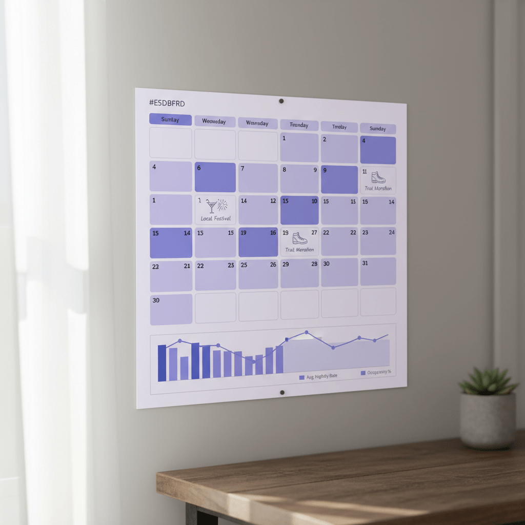 Vacation rental calendar with busy weekends and pricing trend dashboard