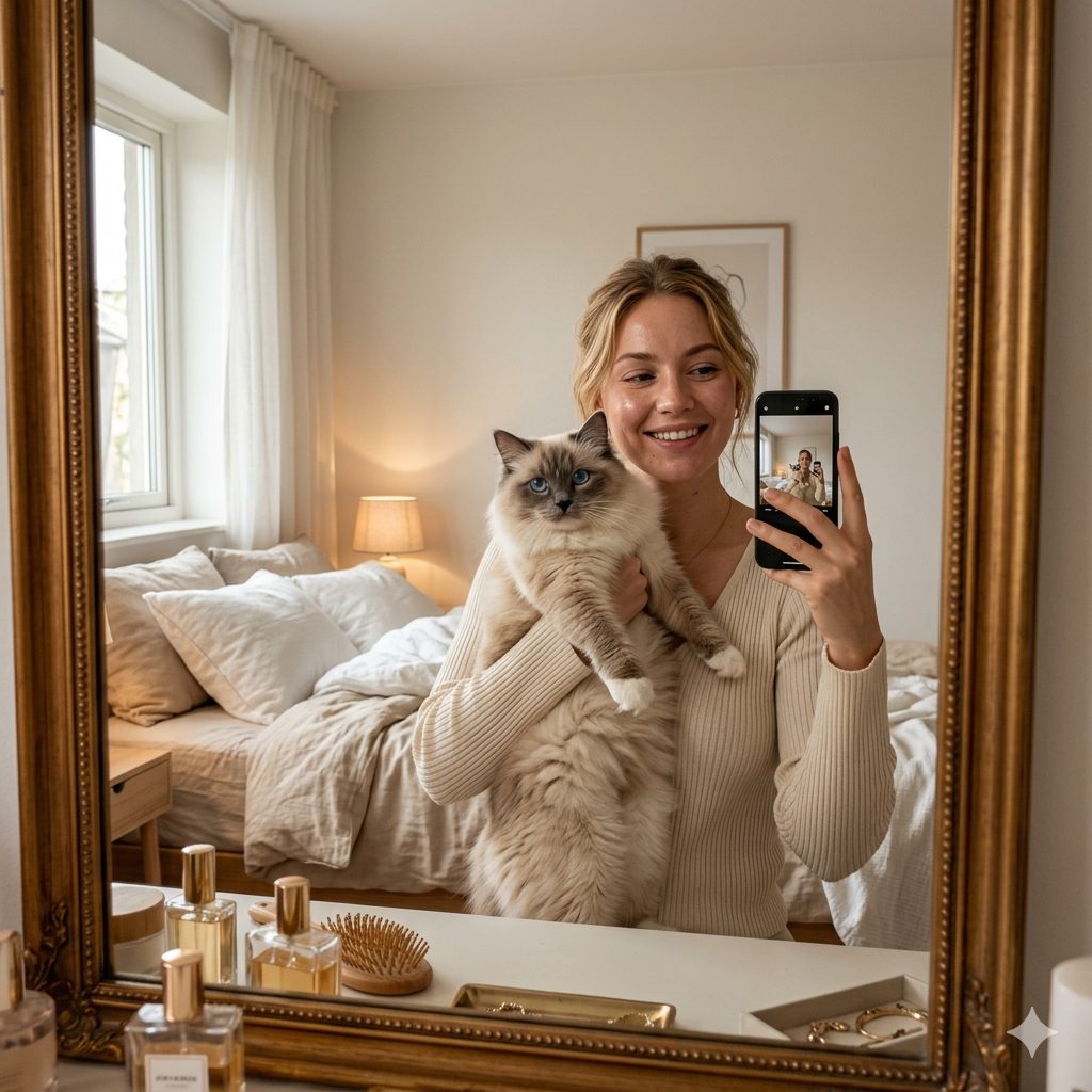 Vanity Mirror Selfie Prompt – Cozy Bedroom Portrait with Cat & Soft Lighting