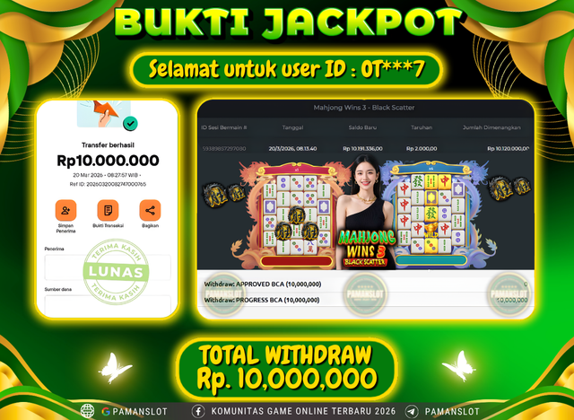 Selamat kepada Member PAMANSLOT Game Mahjong Wins 3 - Black Scatter  : OT***7