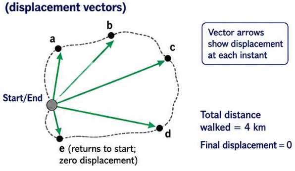 Walk in a park showing displacement vectors a–e from start point