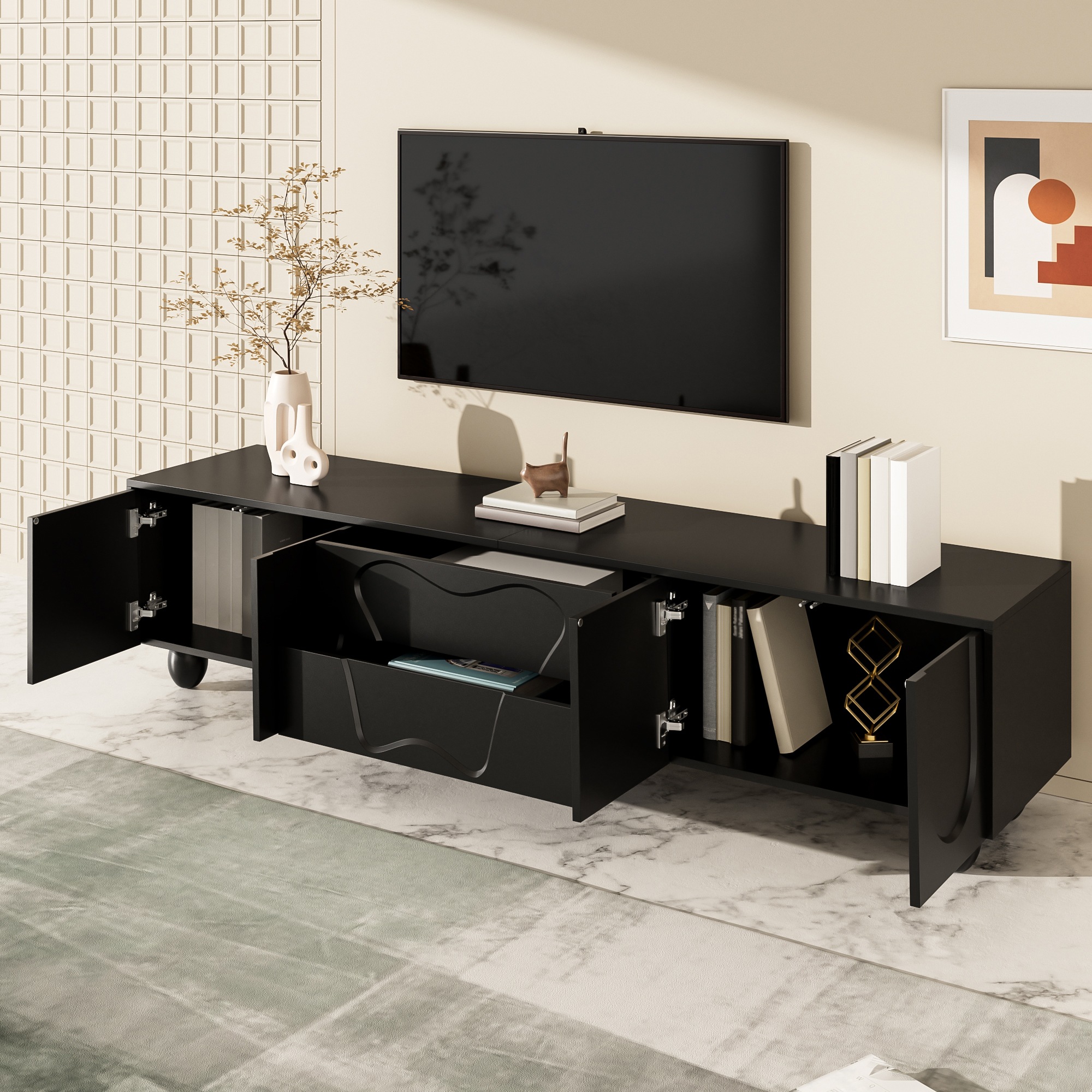 Meuble TV Noir, Rangement, Design Moderne, Structure Robuste, Finition Haut de Gamme, Entretien Facile - 180x40x42cm - Salon 6