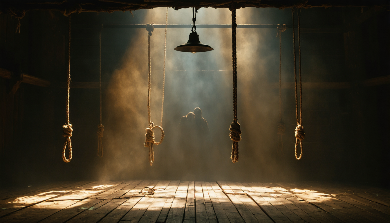 An empty theater stage seen from the wings, dim work lights revealing shadowy figures among ropes and rigging.