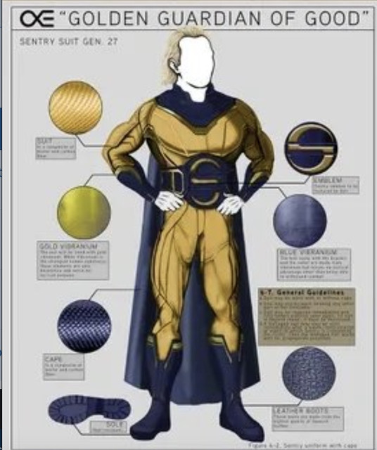 Emblem
Sentry emblem? To be featured on belt.

Blue Vibranium
The belt along with the ??? and the collar are ??? Blue Vibranium, but serves no tactical advantages ??? to withstand combat.

Gold Vibranium
The suit will be lined with gold Vibranium. White Vibranium is the strongest known substance , these elements are only decorative and serve no tactile purpose.