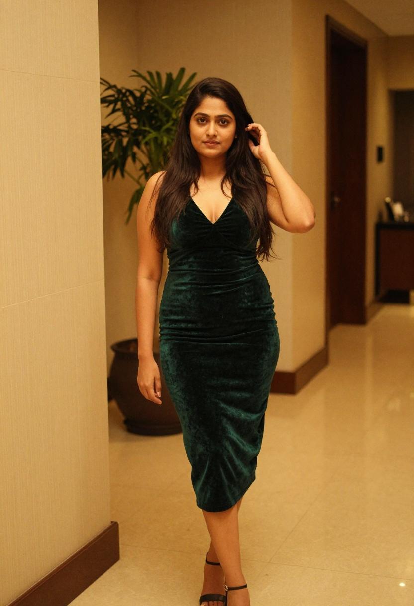 Deep emerald velvet bodycon midi dress with plunging neckline for sultry R&B look