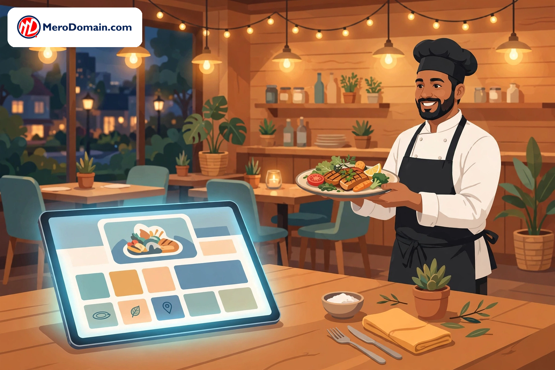 Illustration of a chef presenting a plated dish in a warm restaurant, with a glowing tablet showing a restaurant website layout on the table