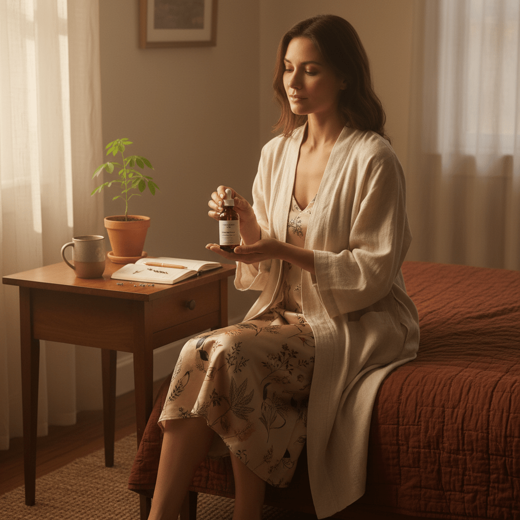Woman relaxing at bedside with ashwagandha oil, soft morning light