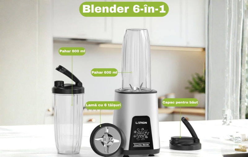 Blender 6 In 1, Latkon®, 800W, 20.000 RPM, 6 Lame 3D Inox, Blender