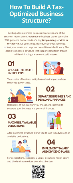 Building a tax-optimized business structure requires careful planning and ongoing review. By working with experts offering tax planning services in Fort Worth, TX, business owners can legally reduce their tax burden, increase profits, and build a more resilient enterprise. To know more visit here https://www.alignedwealthadv.com/tax-planning-fort-worth-tx