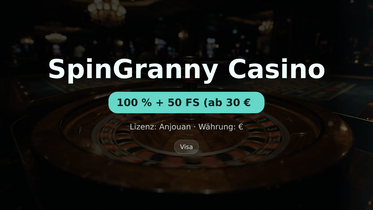 SpinGranny Casino — Willkommensbonus 100 % + 50 FS (ab 30 €, Zahlungen: Visa, Mastercard, Sofort, Apple Pay, Bitcoin
