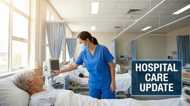 A nurse attending to a patient's bedside in a brightly lit hospital ward.