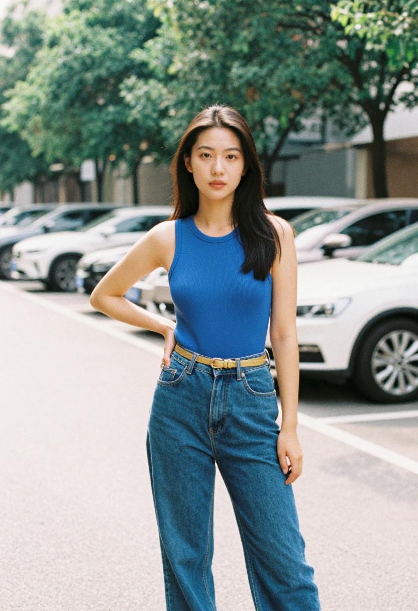 Cobalt blue ribbed bodysuit with wide-leg jeans and gold belt street style
