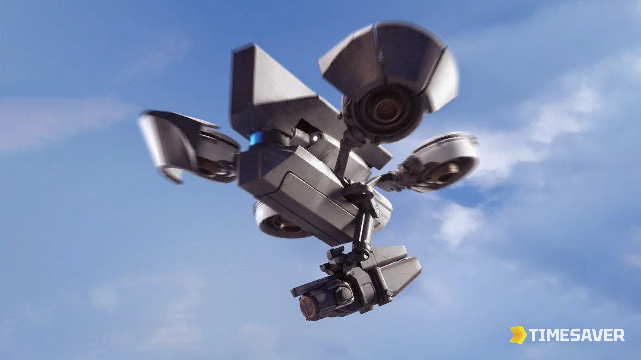 An ARC Raider fighting small flying ARC machines topside — the early-game threat a cheap Seeker-grenade kit is built to handle