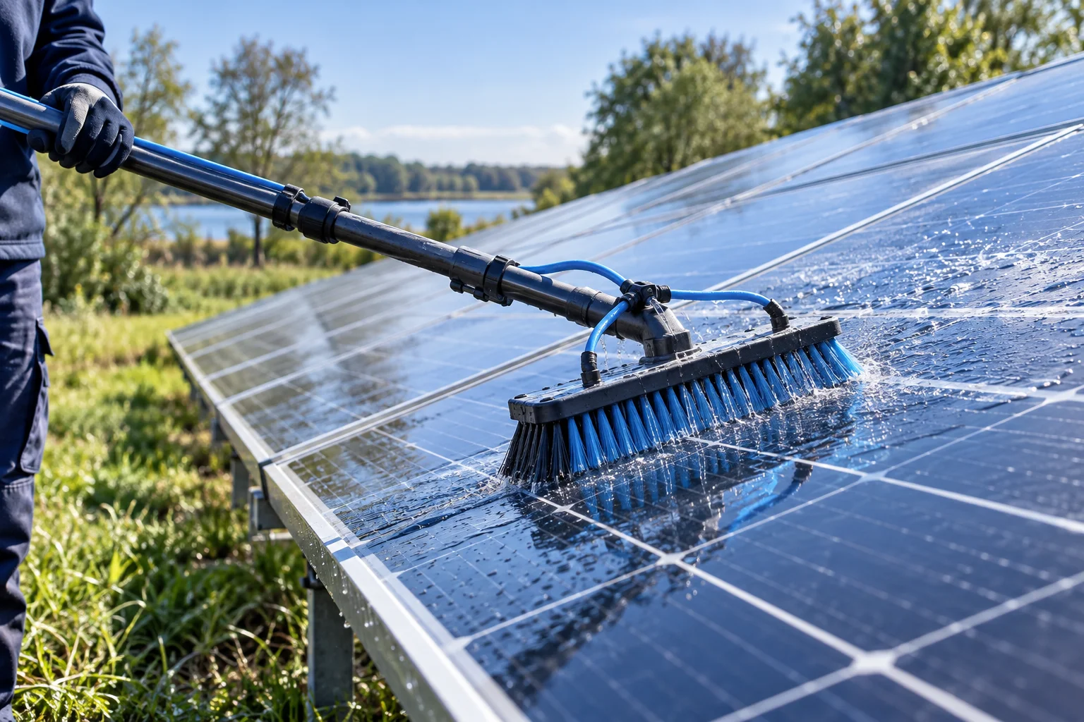 Schonende Pflege von Solarmodulen mit einer weichen Bürste – illustrative Darstellung
