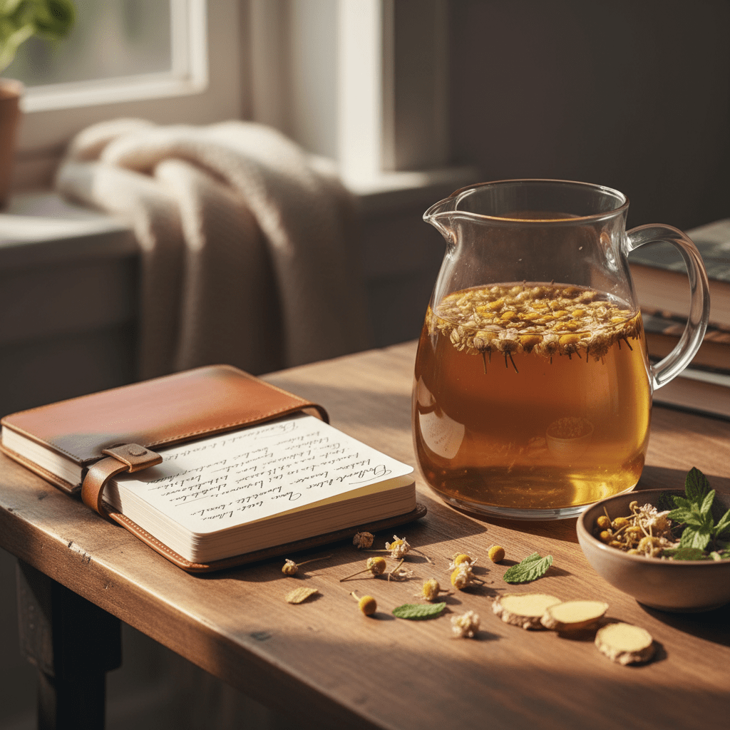 Flat lay of chamomile and other digestive herbs beside a glass tea cup on wood