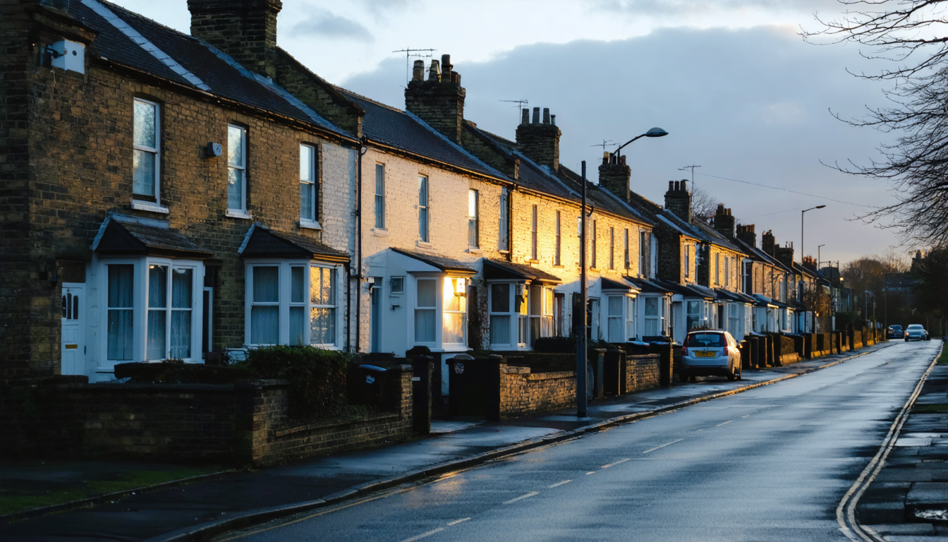 A row of terraced houses on a quiet residential street with one front door left ajar, warm light spilling outward onto wet pavement.