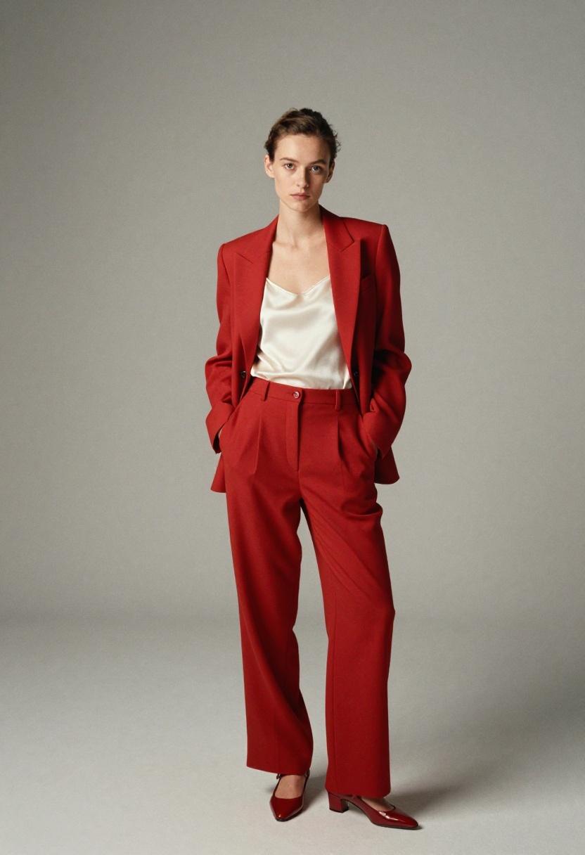 Cherry red tailored trouser suit with matching Mary Jane kitten heels for editorial office dressing