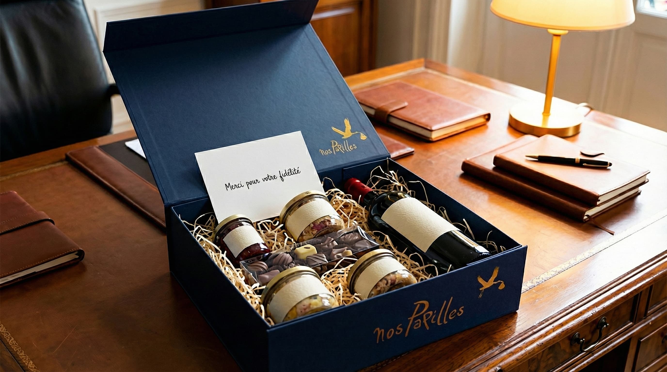 Coffret gourmand personnalisé pour remercier vos clients fidèles, avec un mot unique et une expédition directe à leur adresse