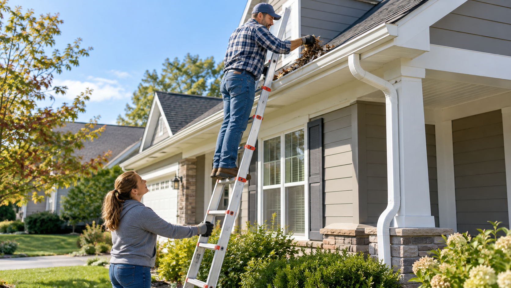 Safe residential gutter inspection using a properly positioned ladder and spotter