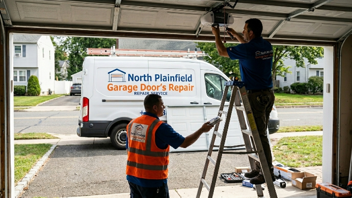 Garage door repair crew servicing a residential garage door