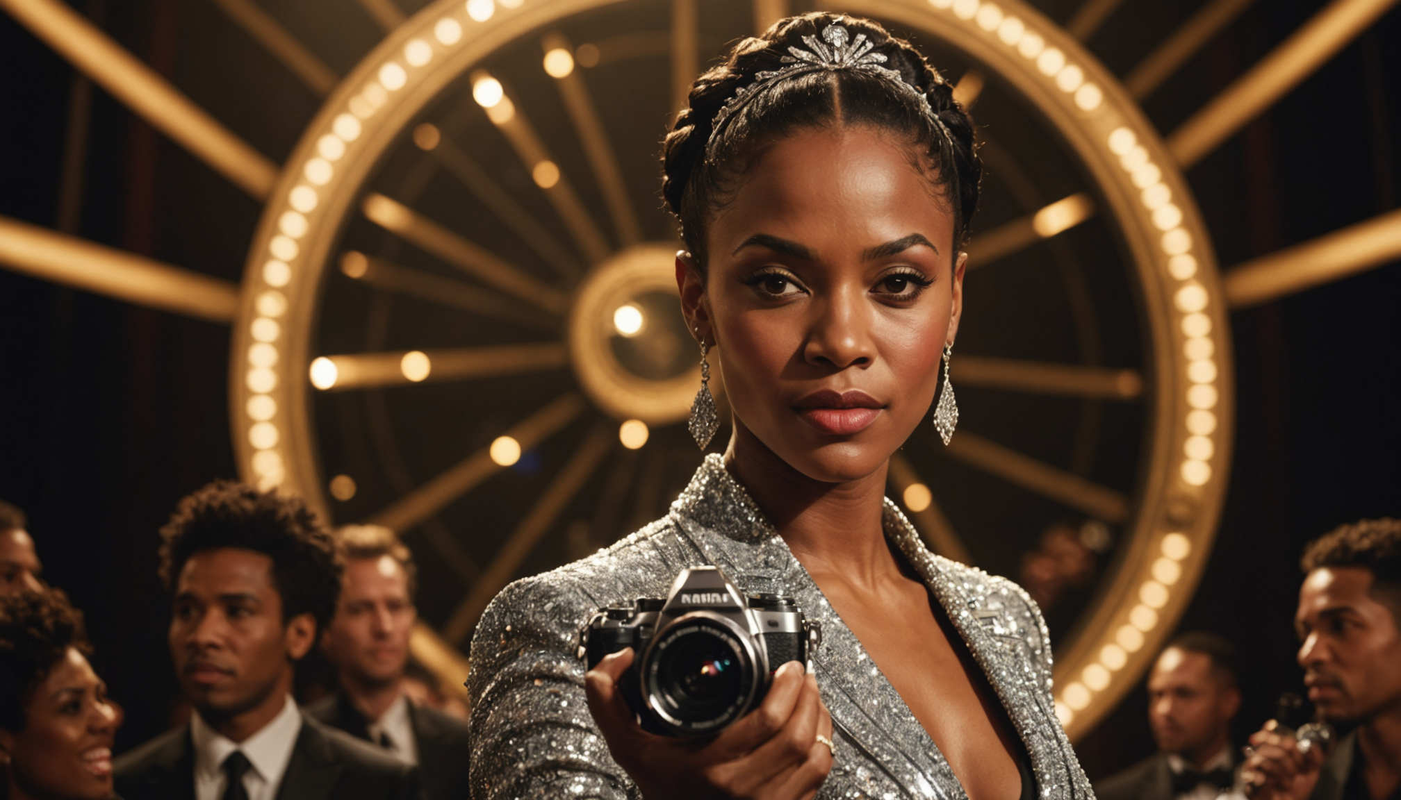 Successful performer with award, cameras, cinematic lighting, hard work, glamour, and dedication