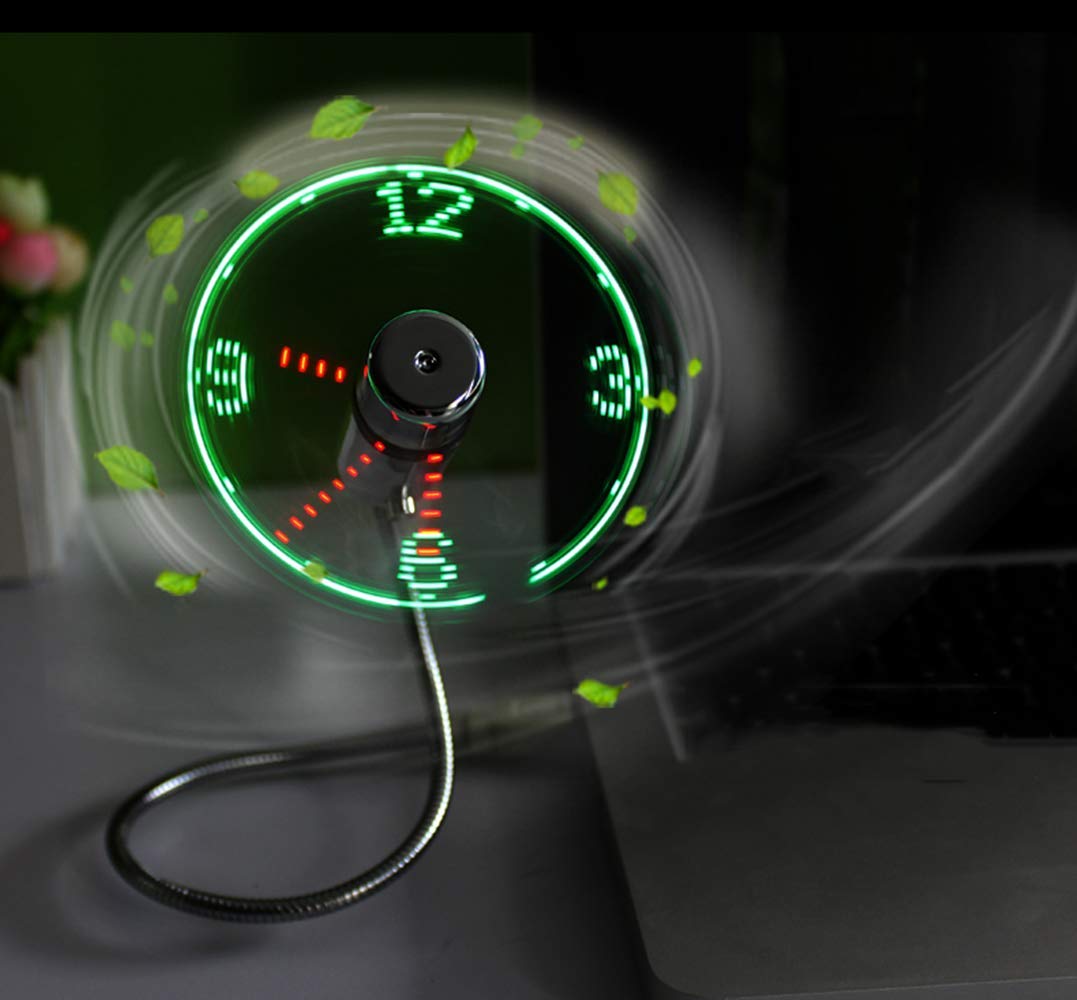 USB LED Clock Fan 90mm USB-Powered Portable Mini Gooseneck Fan for Laptop Office Home Travel