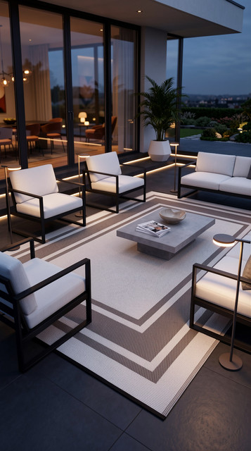 Reversible plastic straw rug placed on a deck