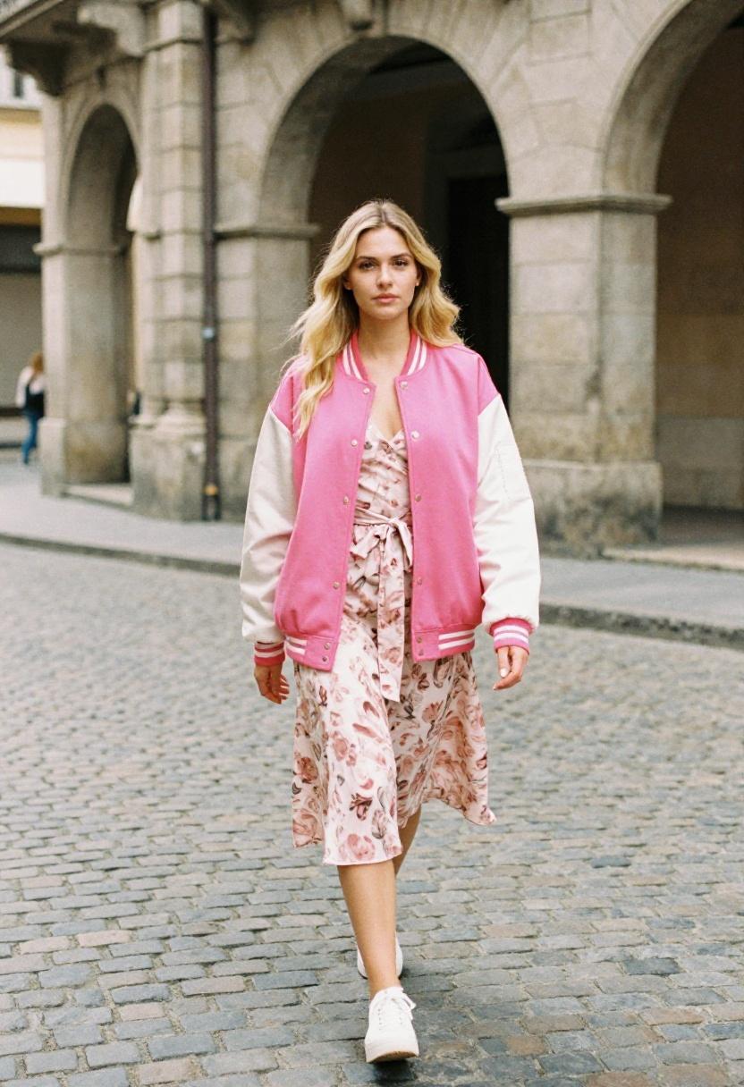 Woman in a fuchsia varsity jacket belted over a floral midi skirt on a European spring street