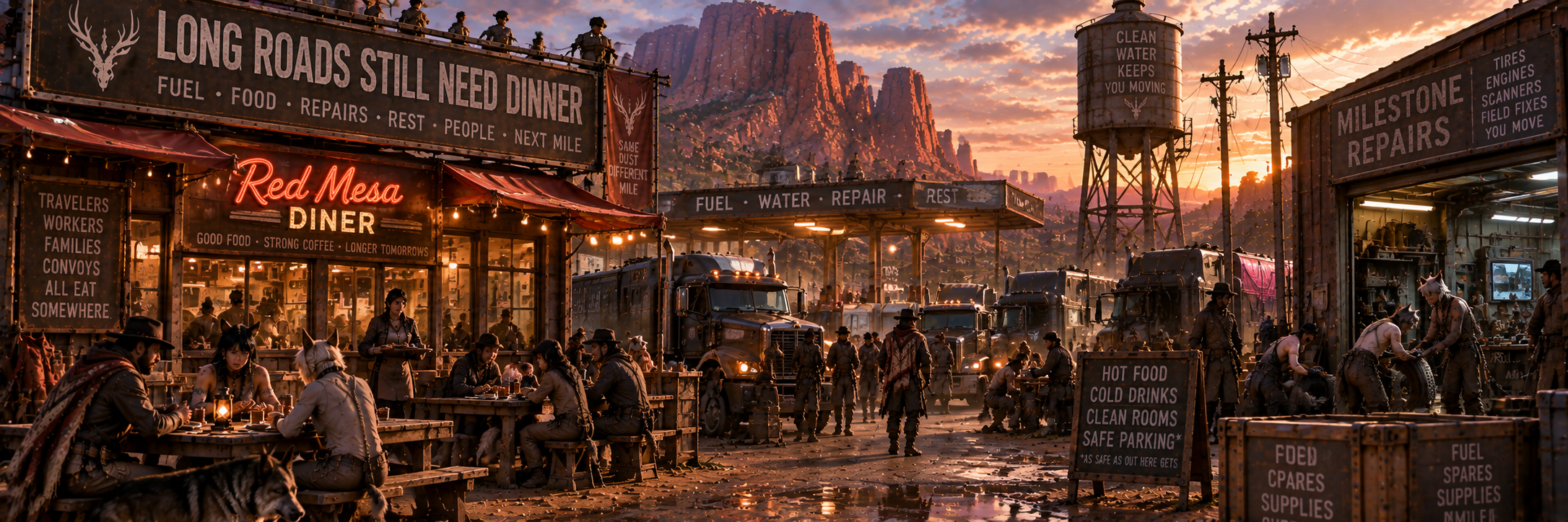 Old Red Road diner, motel, fuel station and repair stop at sunset with ordinary travelers and chained demi-human workers