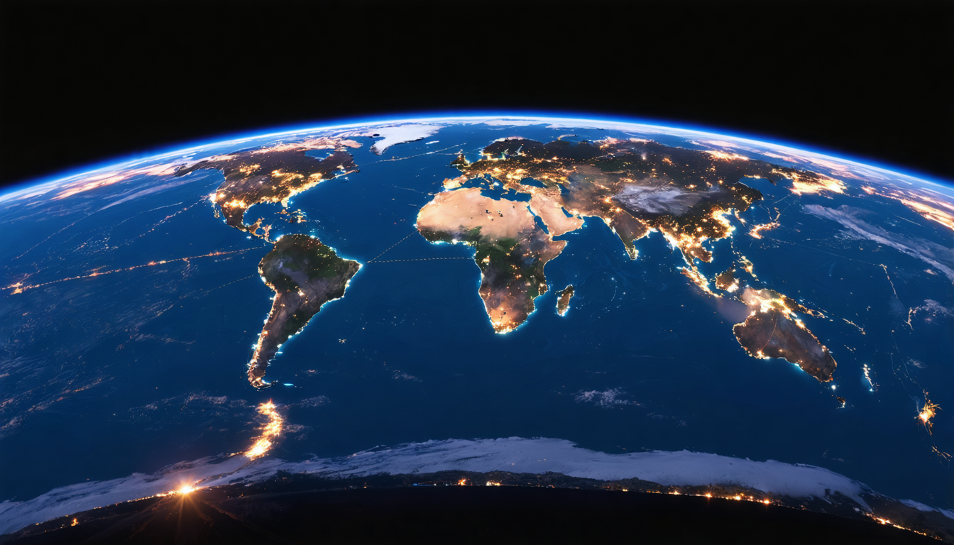 A satellite view of Earth at night showing interconnected clusters of light across all continents.