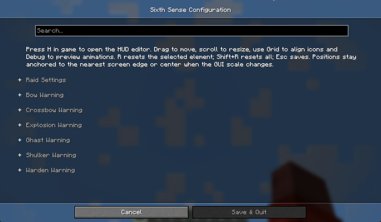 Mod Menu configuration screen showing the available Sixth Sense settings categories