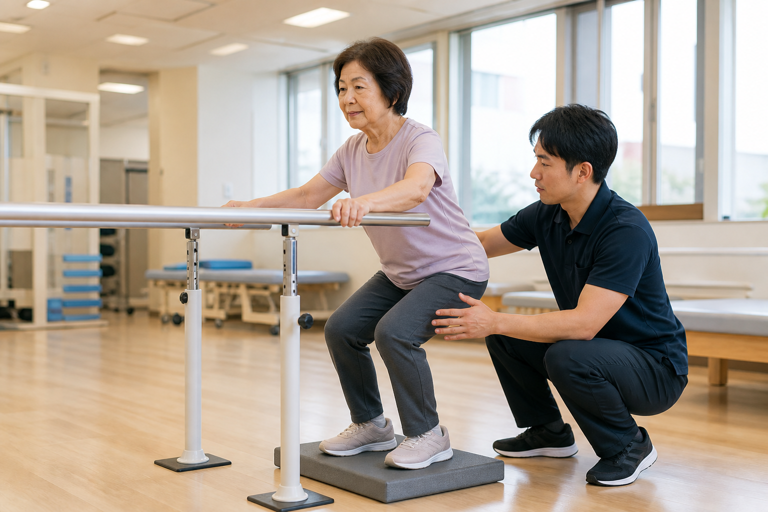 変形性膝関節症のある高齢者が手すりと専門職の見守りのもとでバランスパッド上の浅いスクワットを行う様子