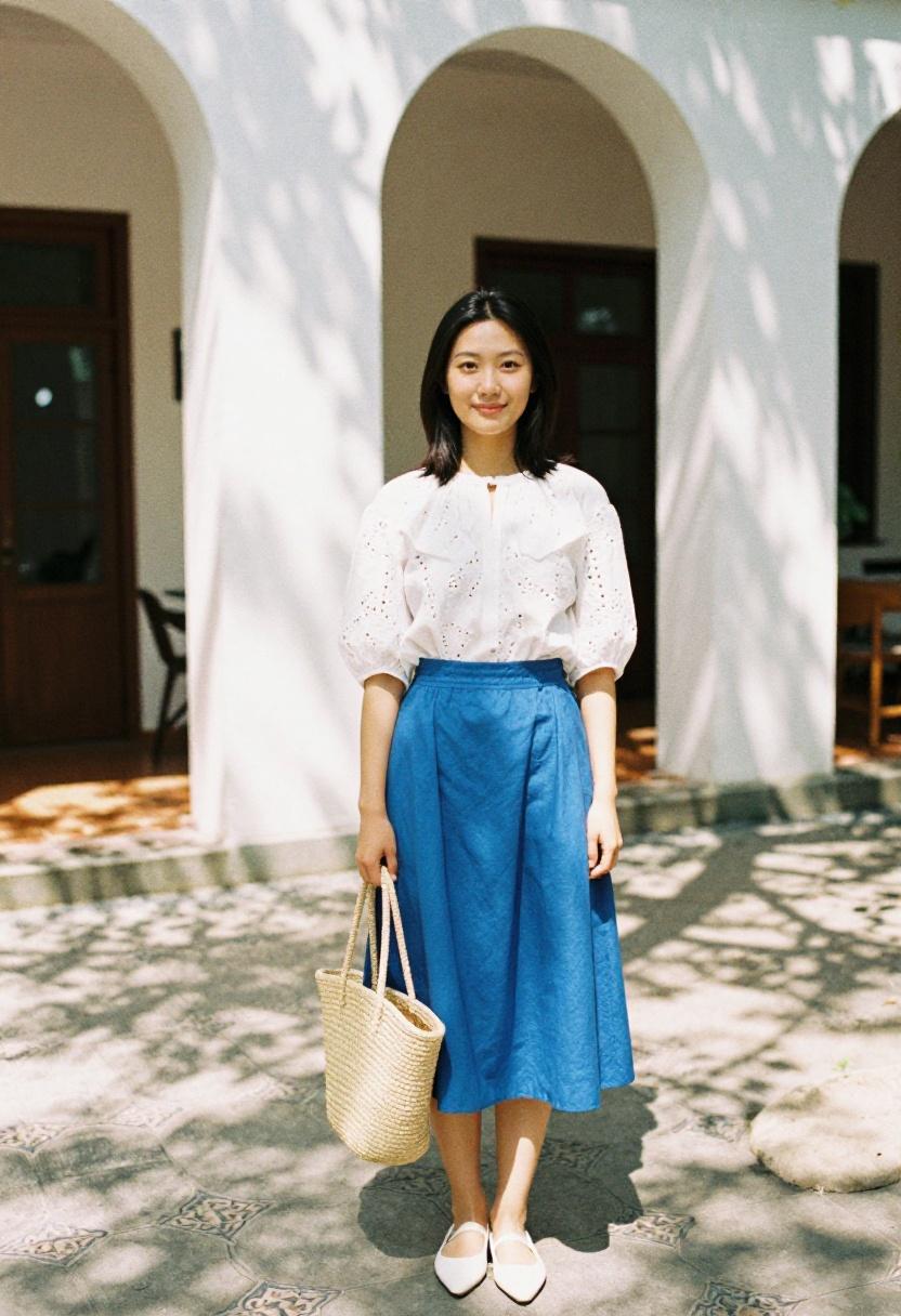Cerulean midi skirt with white eyelet blouse for cultured elegant sunlit museum afternoon