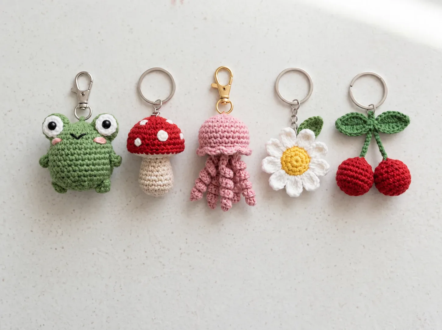 Five cute crochet keychain and bag charm designs arranged together