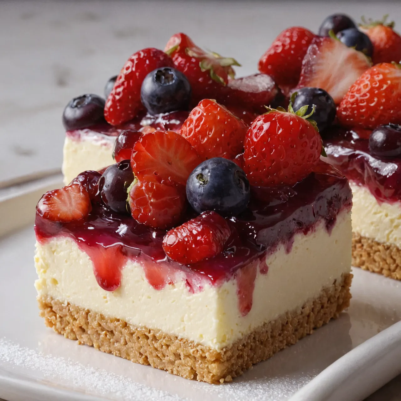 The dish features a golden-brown graham cracker crust layered beneath a creamy, pale yellow cheesecake filling. Swirled throughout is a vibrant mix of red strawberries, blueberries, and raspberries, c