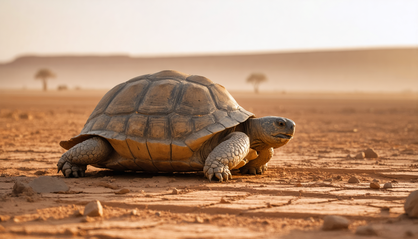 A single aged tortoise photographed on cracked dry earth in warm low light, isolated against an empty landscape.
