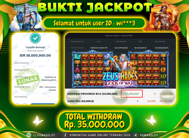 Selamat kepada Member PAMANSLOT Game PP - Zeus vs Hades - Gods of War :  WI***3