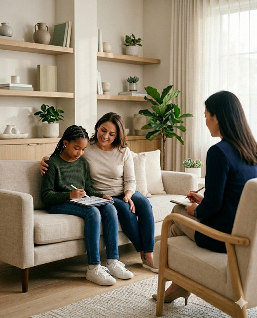 A young girl works on a tablet-based assessment beside her mother on a couch, while a warm clinician observes from a chair — a typical PsyTest Hub family evaluation session.