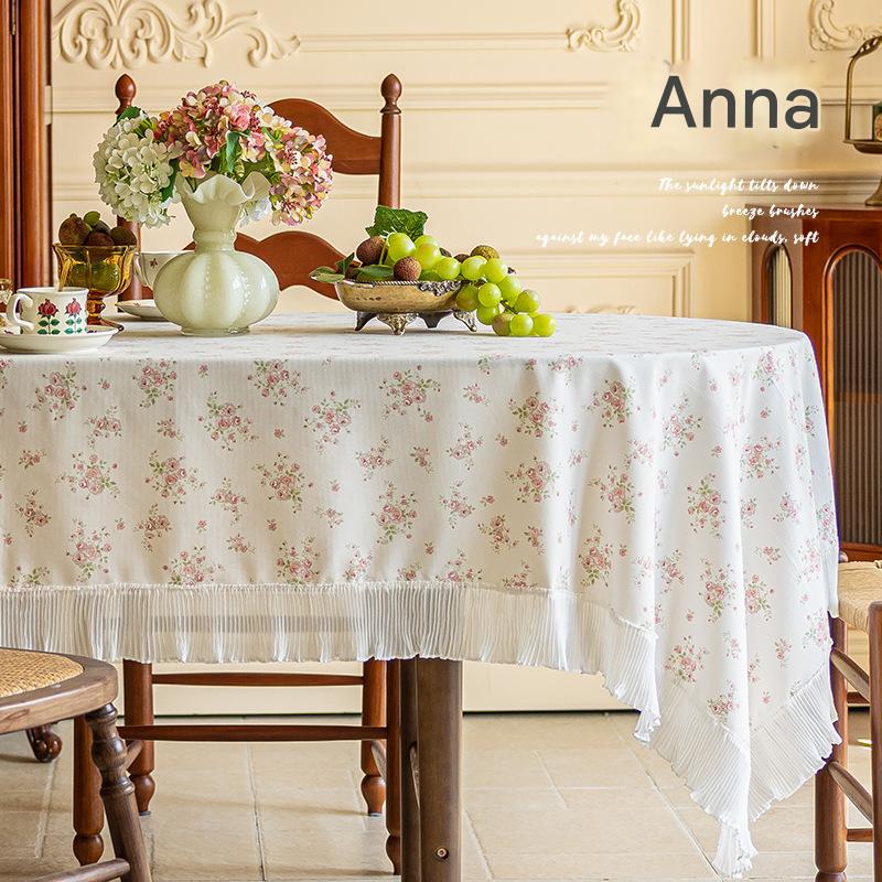 cream-colored 90*90 Dimensions include lace French Vintage Tablecloth - Pearl Yarn Polyester with Pleated Ruffle Edge - Floral Print Table Cover for Dining, Coffee Table, Bedside, Home Decor, Party, Gift Ready