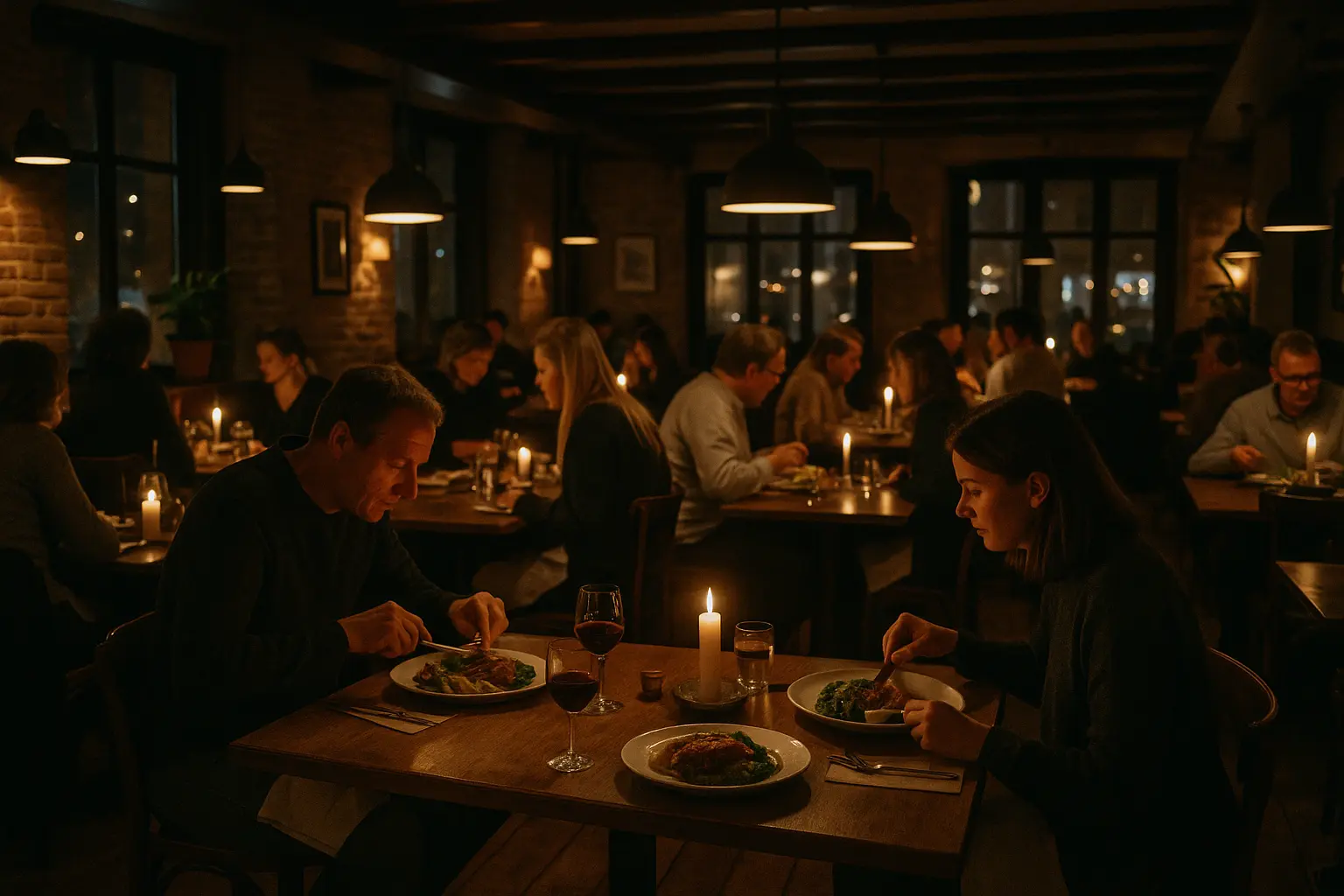 En stemningsfuld restaurant med levende lys og bordopdækning