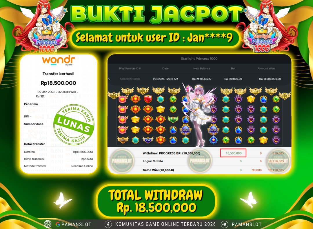 PAMANSLOT JACKPOT Game Starlight Princess 1000 Rp.18,500,000- LUNAS