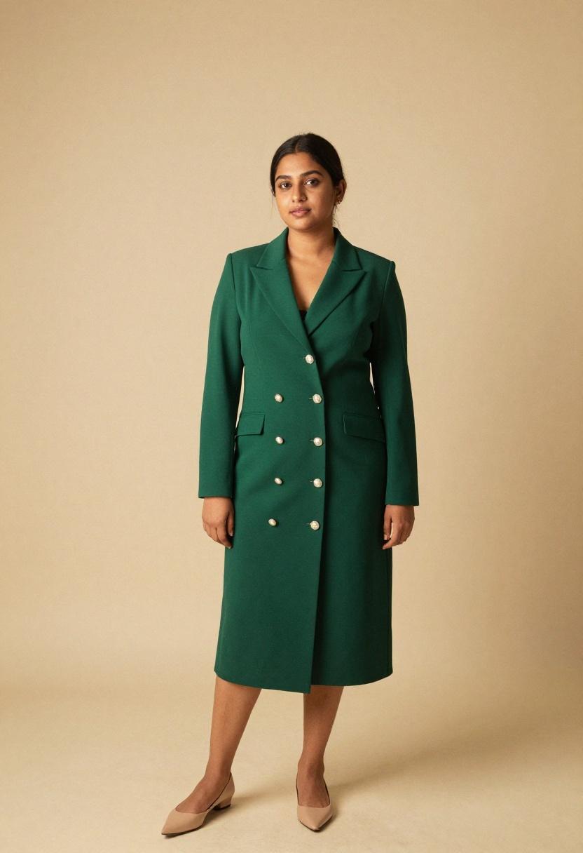 Emerald green tailored plus size blazer dress with pearl buttons channeling spring power dressing for curvy professionals